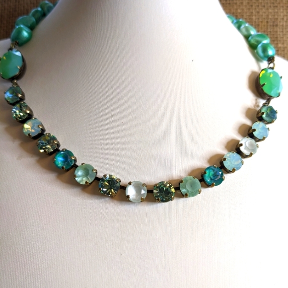 Mint Green Opal Swarovski Crystal and Baroque Pearl Statement Necklace in Brass - Picture 7 of 9